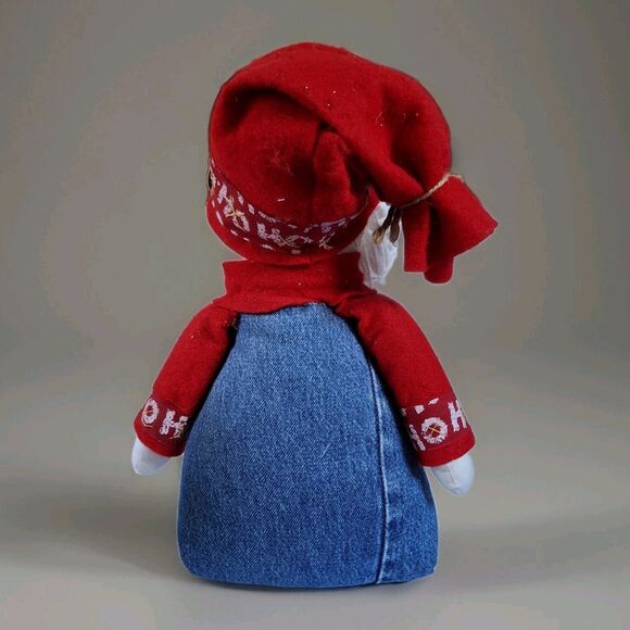 Santa Claus Standing Figure 14" Blue Denim Stocking Cap Holly Red Table Decor - Picture 3 of 7